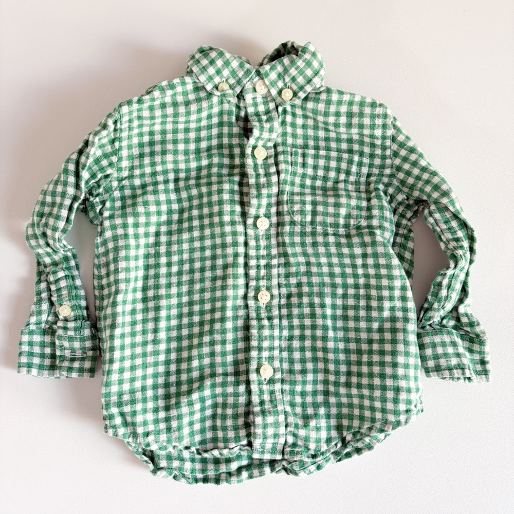Janie and Jack Baby Boys Green Gingham 100% Linen Preppy Button Down Shirt 6-12M
